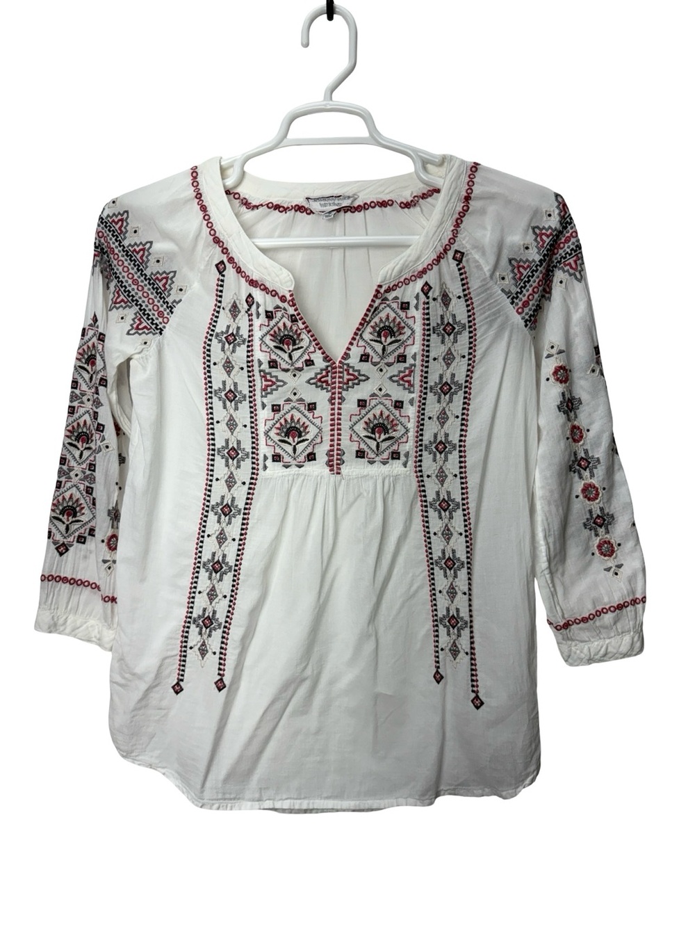 Johnny Was XS Tatum Peasant Blouse Embroidered White V Neck Top Shirt Tunic